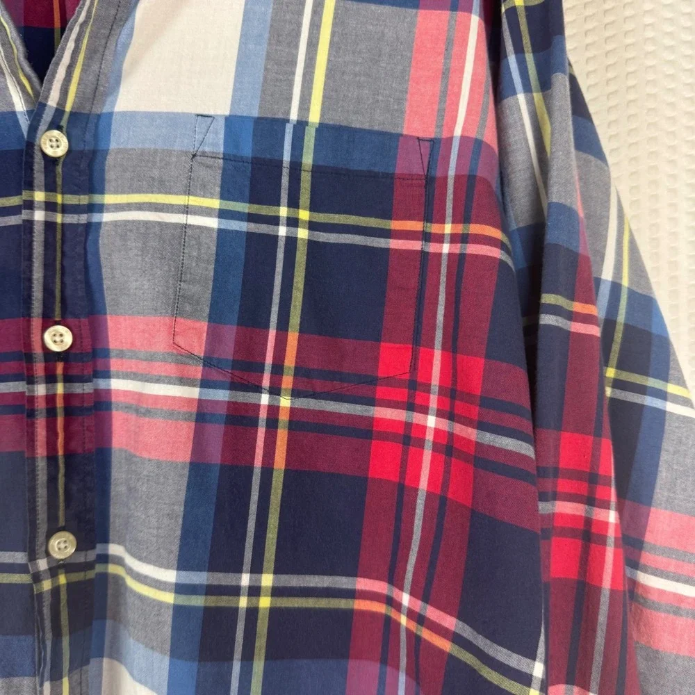 Vtg J. Crew Summer Plaid Button Down Shirt Men Red Blue Large Long Sleeve Pocket